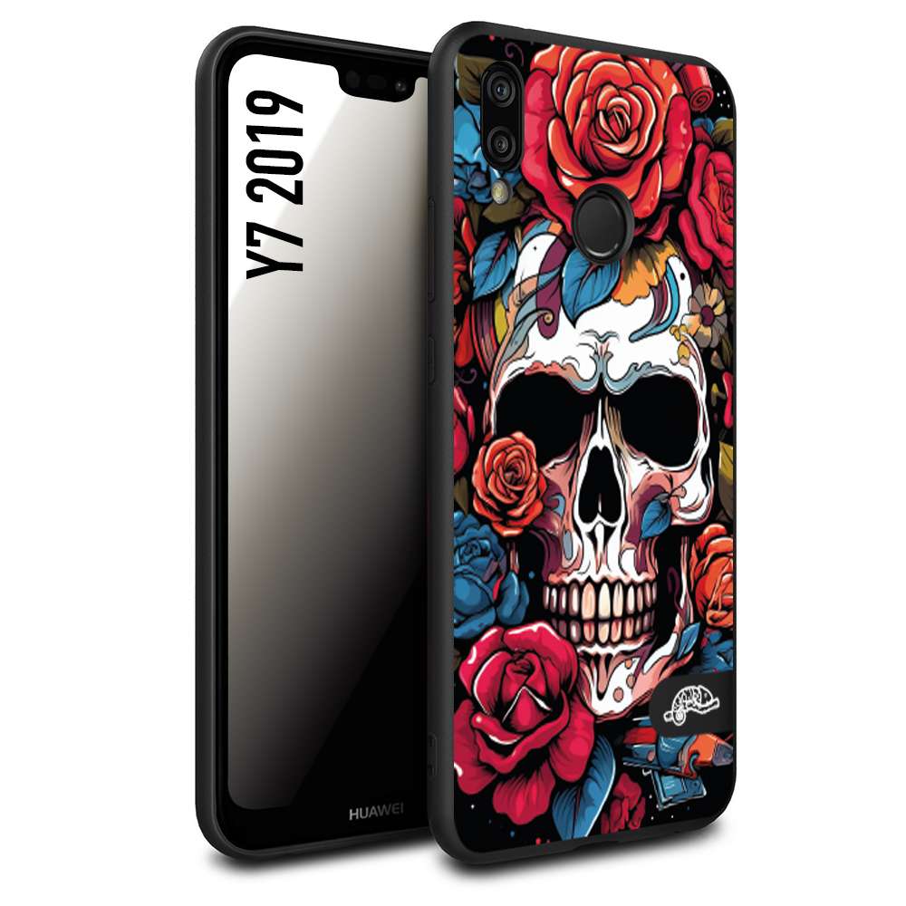 CUSTOMIZZA - Custodia cover nera morbida in tpu compatibile per Huawei Y7 2019 teschio skull flowers fiori rose rosse tattoo disegnato