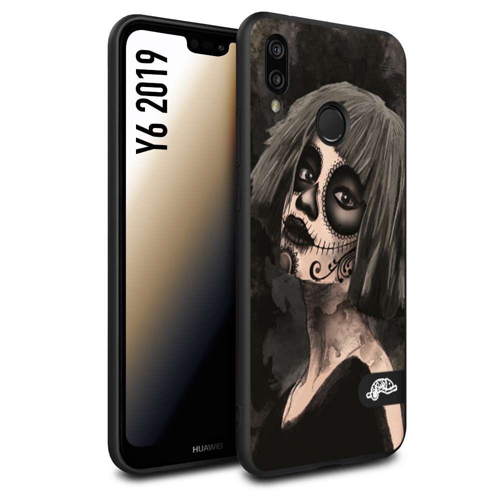 CUSTOMIZZA - Custodia cover nera morbida in tpu compatibile per Huawei Y6 2019 chicana messicana dea de la muerte donna santa tattoo disegnata