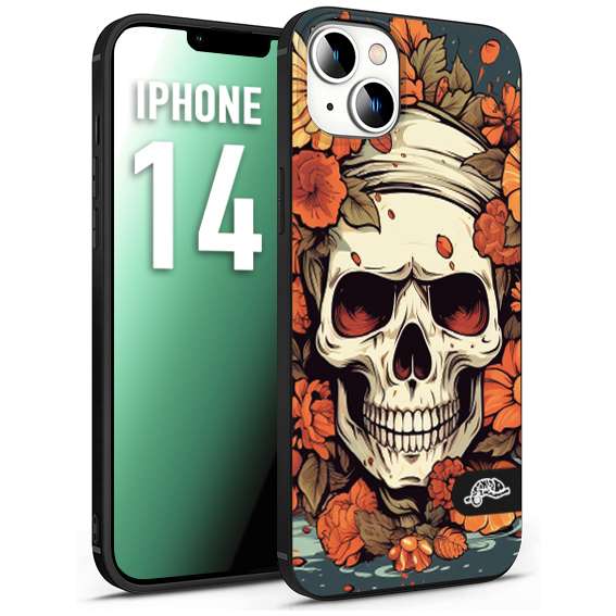 CUSTOMIZZA - Custodia cover nera morbida in tpu compatibile per iPhone 14 teschio skull flowers fiori tattoo disegnato alta definizione