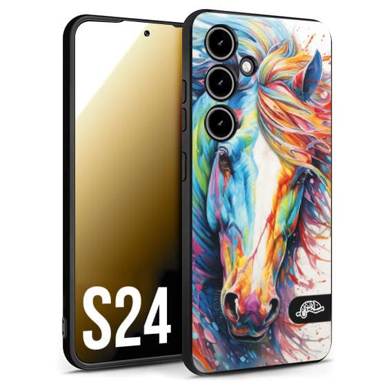 CUSTOMIZZA - Custodia cover nera morbida in tpu compatibile per Samsung S24 animali color cavallo horse viso colori vibranti disegnato schizzo