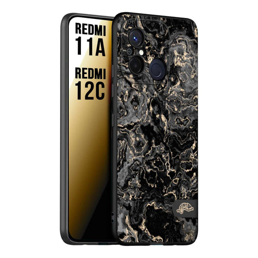 CUSTOMIZZA - Custodia cover nera morbida in tpu compatibile per Xiaomi Redmi 11A - 12C effetto marmo marble nero black venature dorato pietra