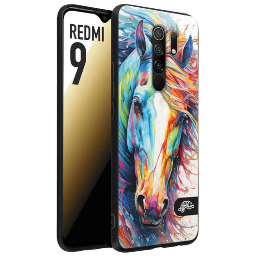 CUSTOMIZZA - Custodia cover nera morbida in tpu compatibile per Xiaomi Redmi 9 animali color cavallo horse viso colori vibranti disegnato schizzo