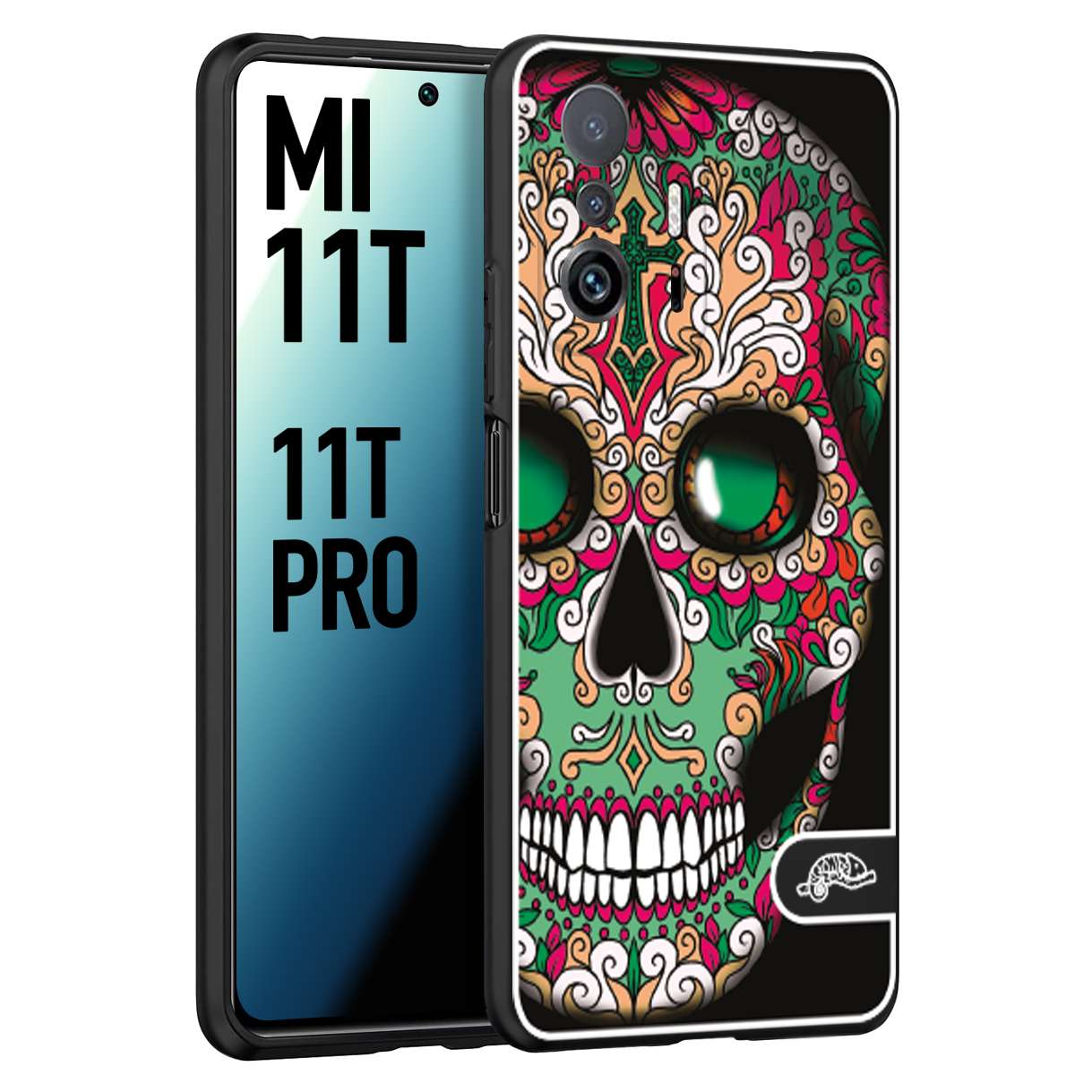 CUSTOMIZZA - Custodia cover nera morbida in tpu compatibile per Xiaomi Mi 11T - Mi 11T PRO teschio messicano Mexican skull verde fucsia