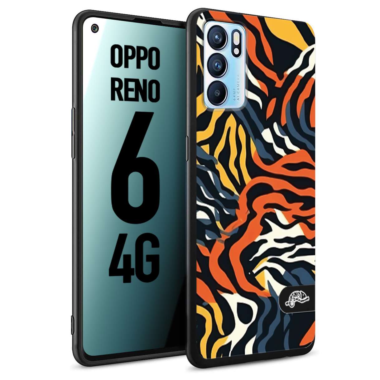 CUSTOMIZZA - Custodia cover nera morbida in tpu compatibile per Oppo Reno 6 4G leopardato maculato tigrato tiger colorata gialla blu arancio