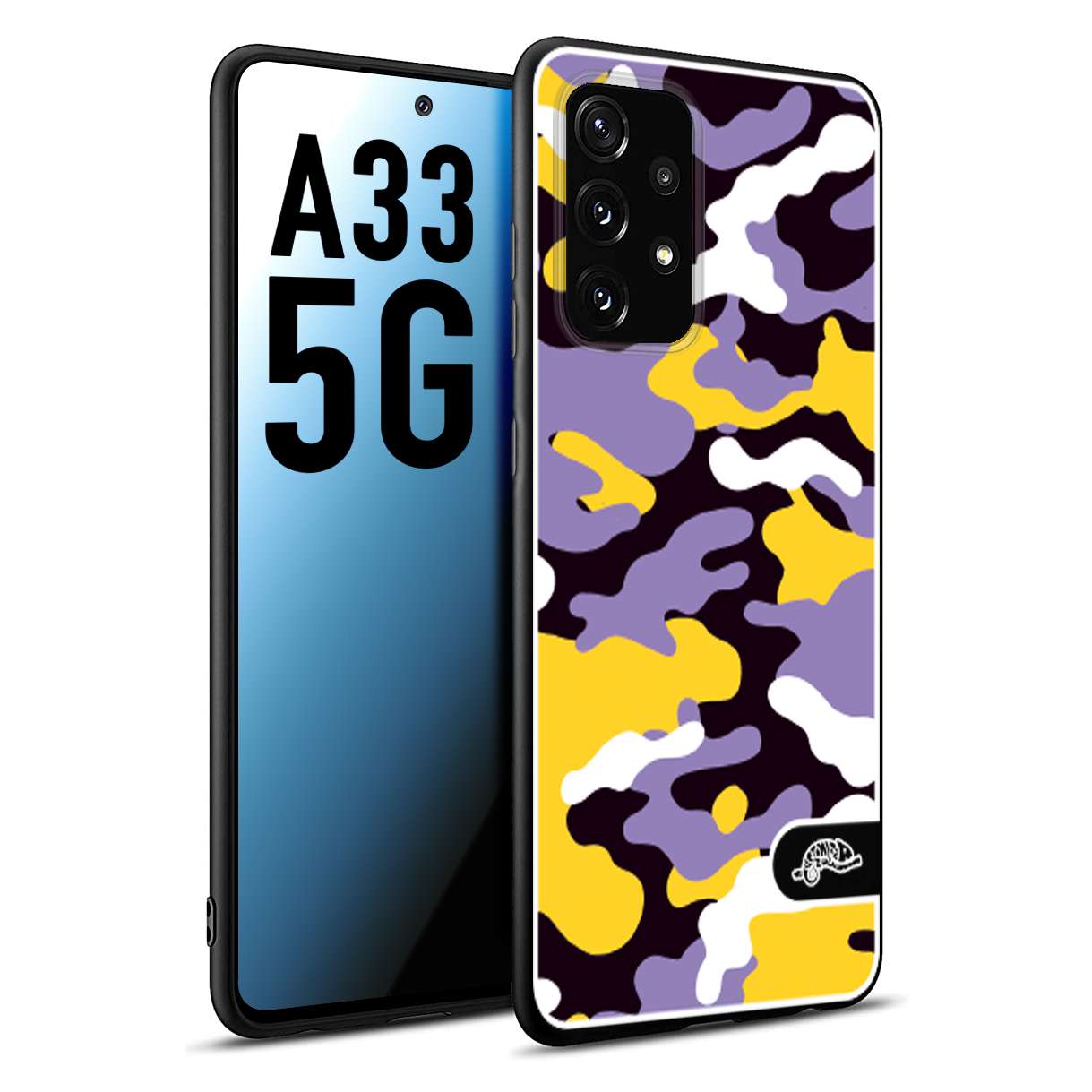 CUSTOMIZZA - Custodia cover nera morbida in tpu compatibile per Samsung A33 5G camouflage mimetico militare viola lilla giallo