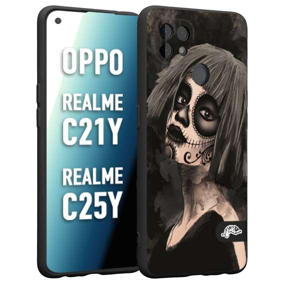 CUSTOMIZZA - Custodia cover nera morbida in tpu compatibile per Oppo Realme C21Y - C25Y chicana messicana dea de la muerte donna santa tattoo disegnata