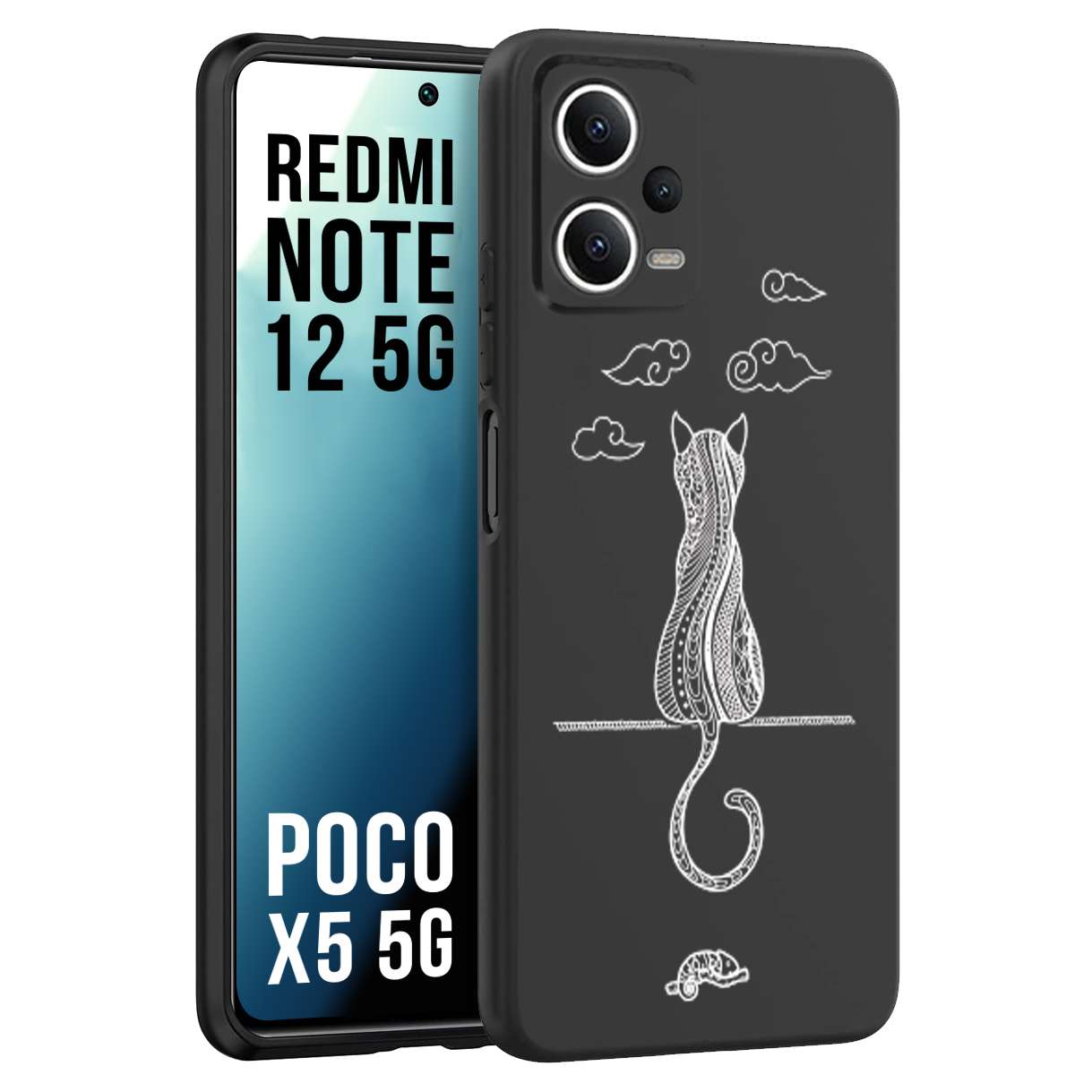 CUSTOMIZZA - Custodia cover nera morbida in tpu compatibile per Xiaomi Redmi Note 12 - POCO X5 5G gatto mandala stilizzato gattino a rilievo soft touch donna bianca