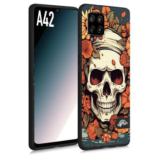 CUSTOMIZZA - Custodia cover nera morbida in tpu compatibile per Samsung A42 teschio skull flowers fiori tattoo disegnato alta definizione