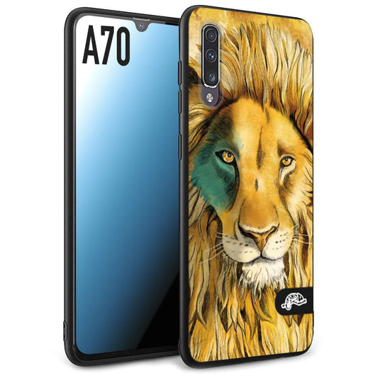 CUSTOMIZZA - Custodia cover nera morbida in tpu compatibile per Samsung A70 leone lion disegnato a mano giallo blu a rilievo artistico brown