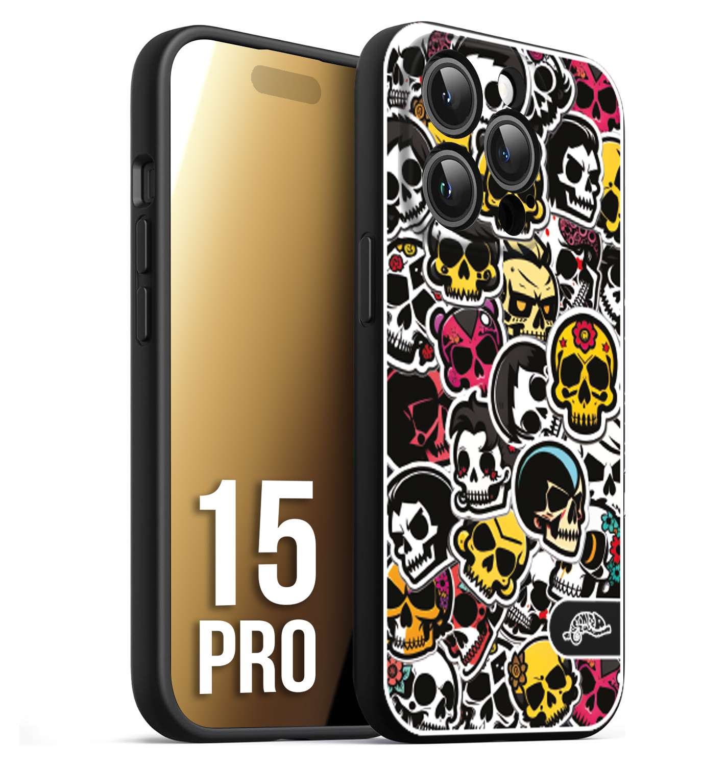 CUSTOMIZZA - Custodia cover nera morbida in tpu compatibile per iPhone 15 PRO sticker bomb teschi colorati adesivi skulls skater snowboard