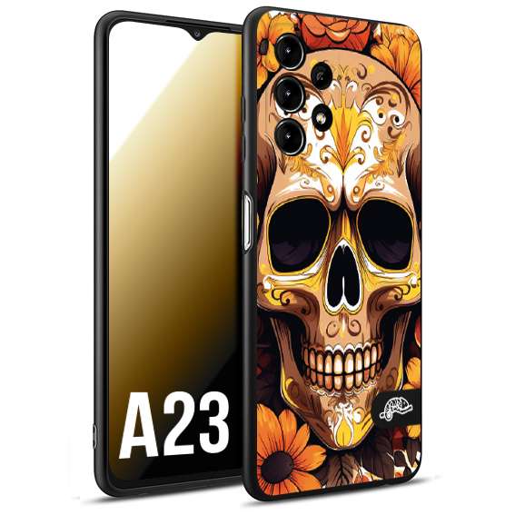 CUSTOMIZZA - Custodia cover nera morbida in tpu compatibile per Samsung A23 teschio messicano colorato dorato fiori tattoo disegnato