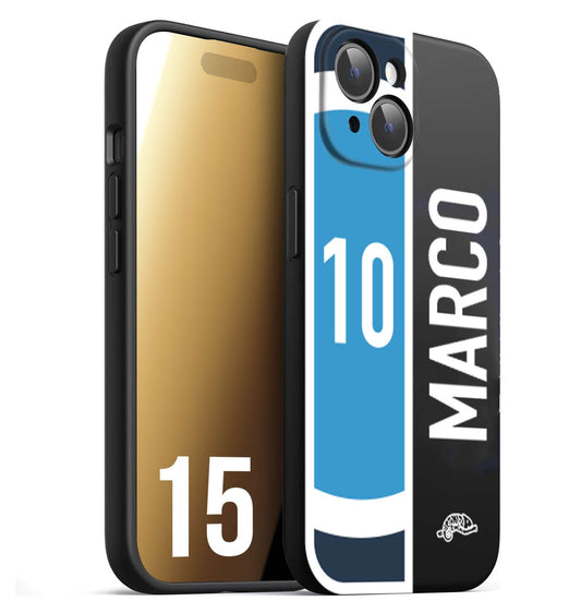 CUSTOMIZZA - Custodia cover nera morbida in tpu compatibile per iPhone 15 personalizzata calcio football nome e numero calciatori biancoazzurri bianco celesti