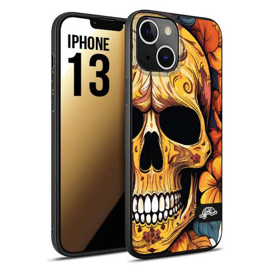 CUSTOMIZZA - Custodia cover nera morbida in tpu compatibile per iPhone 13 teschio messicano colorato dorato fiori autunnali disegnato