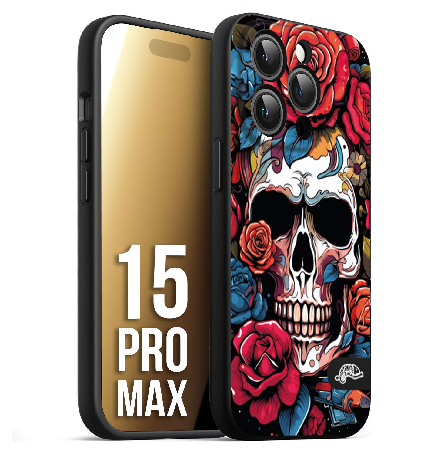 CUSTOMIZZA - Custodia cover nera morbida in tpu compatibile per iPhone 15 PRO MAX teschio skull flowers fiori rose rosse tattoo disegnato