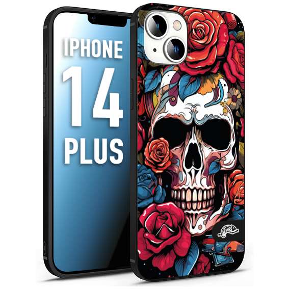 CUSTOMIZZA - Custodia cover nera morbida in tpu compatibile per iPhone 14 PLUS teschio skull flowers fiori rose rosse tattoo disegnato