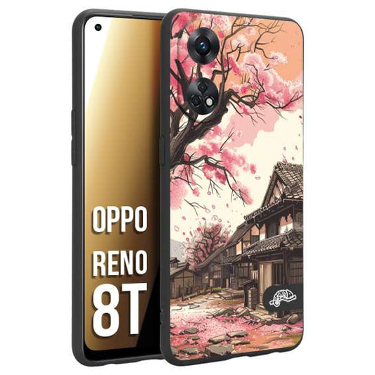 CUSTOMIZZA - Custodia cover nera morbida in tpu compatibile per Oppo Reno 8T casa giapponese rosa ciliegio in fiore disegnata tattoo