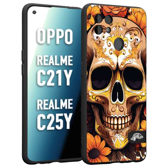 CUSTOMIZZA - Custodia cover nera morbida in tpu compatibile per Oppo Realme C21Y - C25Y teschio messicano colorato dorato fiori tattoo disegnato