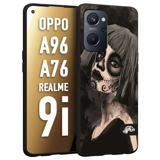 CUSTOMIZZA - Custodia cover nera morbida in tpu compatibile per Oppo Realme 9i - A96 - A76 chicana messicana dea de la muerte donna santa tattoo disegnata