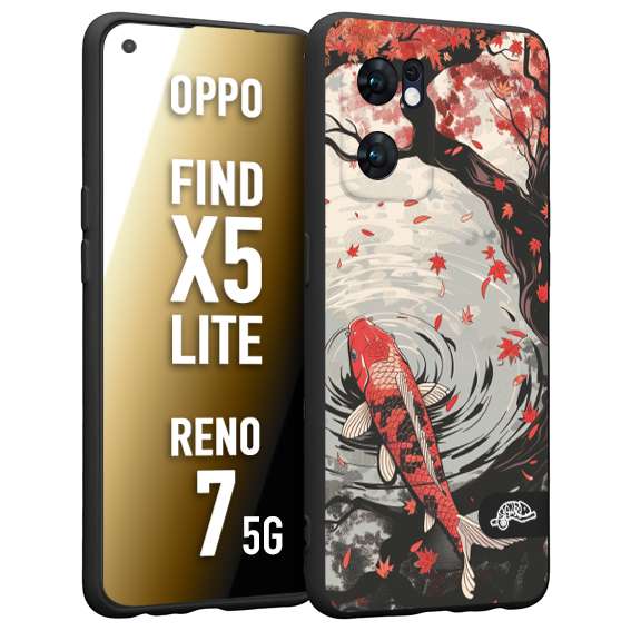 CUSTOMIZZA - Custodia cover nera morbida in tpu compatibile per Oppo Reno 7 - Find X5 LITE giapponese lago carpa koi rossa con foglie d'acero rosso disegnata tattoo