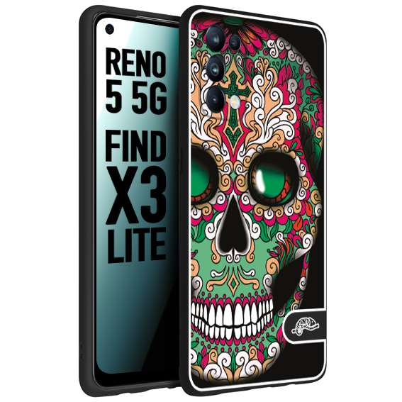 CUSTOMIZZA - Custodia cover nera morbida in tpu compatibile per Oppo Reno 5 5G teschio messicano Mexican skull verde fucsia