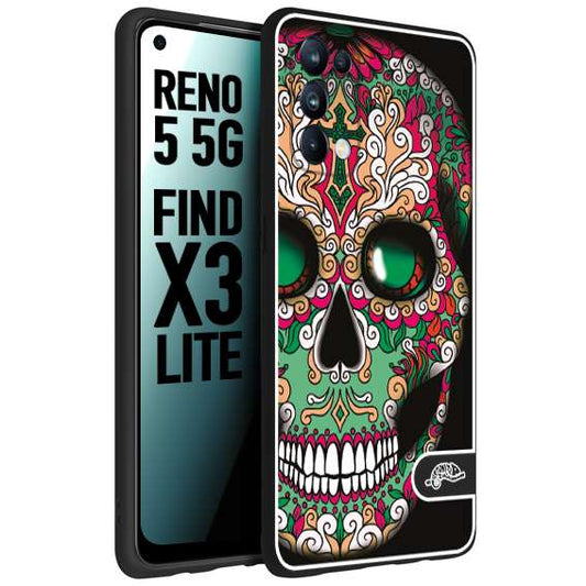 CUSTOMIZZA - Custodia cover nera morbida in tpu compatibile per Oppo Reno 5 5G teschio messicano Mexican skull verde fucsia