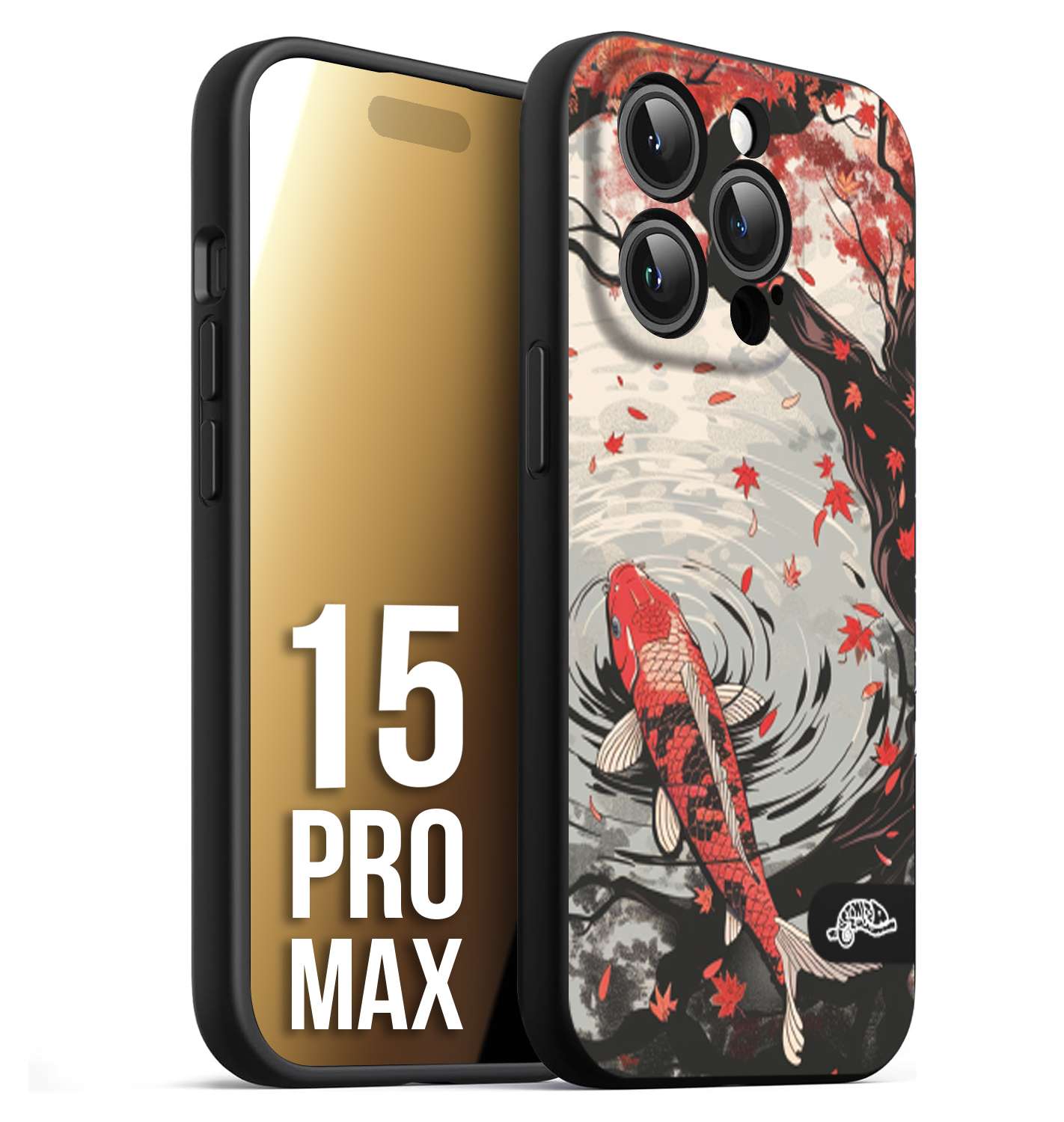 CUSTOMIZZA - Custodia cover nera morbida in tpu compatibile per iPhone 15 PRO MAX giapponese lago carpa koi rossa con foglie d'acero rosso disegnata tattoo