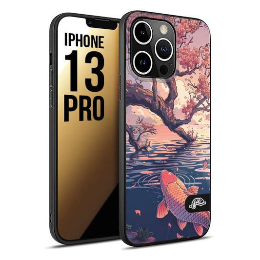 CUSTOMIZZA - Custodia cover nera morbida in tpu compatibile per iPhone 13 PRO giapponese lago carpa koi rosa con foglie d'acero disegnata tattoo