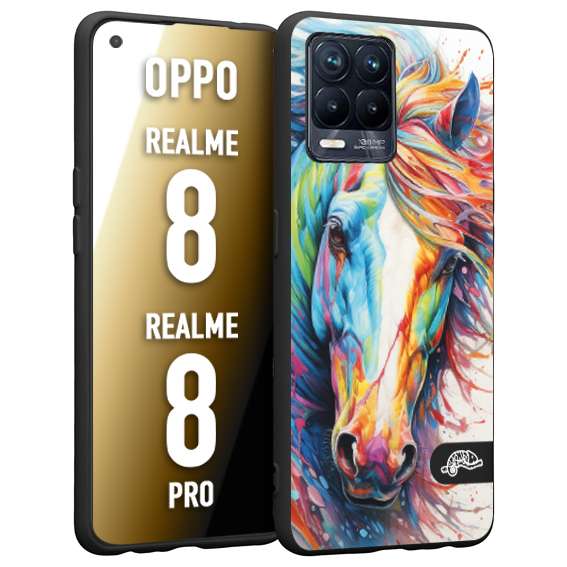 CUSTOMIZZA - Custodia cover nera morbida in tpu compatibile per Oppo Realme 8 - 8 PRO animali color cavallo horse viso colori vibranti disegnato schizzo