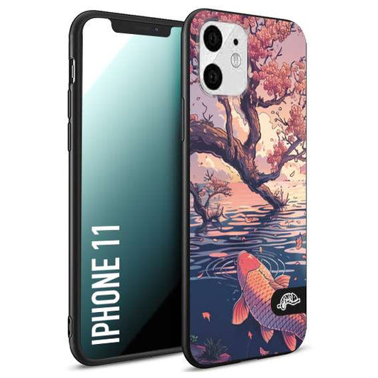 CUSTOMIZZA - Custodia cover nera morbida in tpu compatibile per iPhone 11 giapponese lago carpa koi rosa con foglie d'acero disegnata tattoo