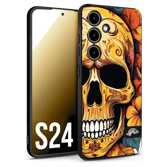 CUSTOMIZZA - Custodia cover nera morbida in tpu compatibile per Samsung S24 teschio messicano colorato dorato fiori autunnali disegnato