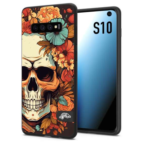 CUSTOMIZZA - Custodia cover nera morbida in tpu compatibile per Samsung S10 teschio skull flowers fiori autunnali arancio celeste tattoo