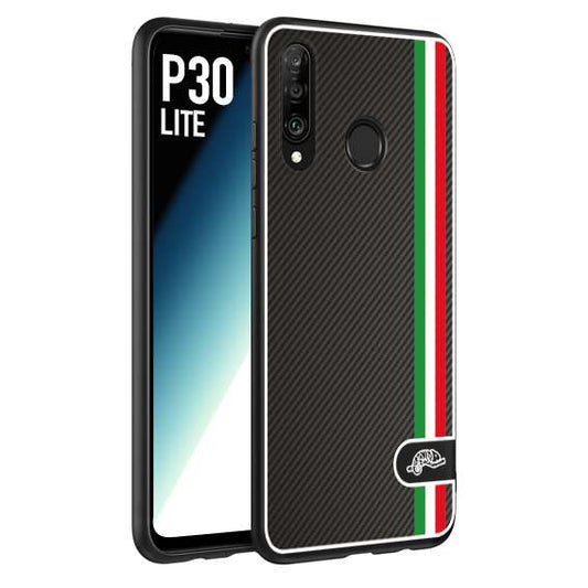 CUSTOMIZZA - Custodia cover nera morbida in tpu compatibile per Huawei P30 LITE effetto fibra di carbonio bandiera Italia made in Italy