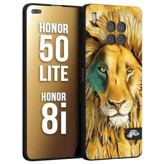CUSTOMIZZA - Custodia cover nera morbida in tpu compatibile per Honor 8i - Honor 50 LITE leone lion disegnato a mano giallo blu a rilievo artistico brown