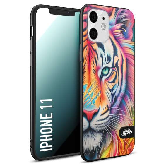 CUSTOMIZZA - Custodia cover nera morbida in tpu compatibile per iPhone 11 animali color tigre tiger viso colori vibranti disegnato schizzo