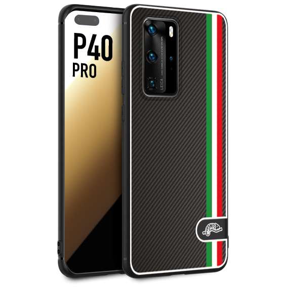 CUSTOMIZZA - Custodia cover nera morbida in tpu compatibile per Huawei P40 PRO effetto fibra di carbonio bandiera Italia made in Italy