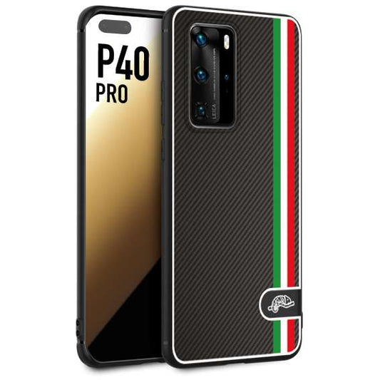 CUSTOMIZZA - Custodia cover nera morbida in tpu compatibile per Huawei P40 PRO effetto fibra di carbonio bandiera Italia made in Italy