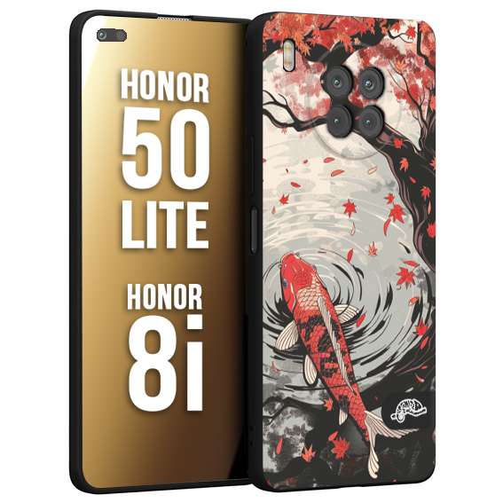 CUSTOMIZZA - Custodia cover nera morbida in tpu compatibile per Honor 8i - Honor 50 LITE giapponese lago carpa koi rossa con foglie d'acero rosso disegnata tattoo