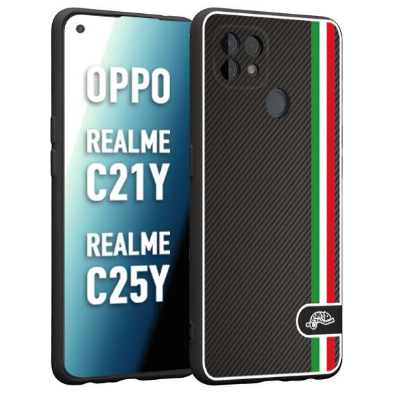 CUSTOMIZZA - Custodia cover nera morbida in tpu compatibile per Oppo Realme C21Y - C25Y effetto fibra di carbonio bandiera Italia made in Italy