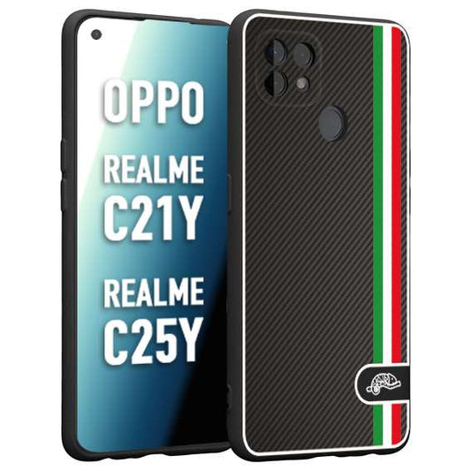 CUSTOMIZZA - Custodia cover nera morbida in tpu compatibile per Oppo Realme C21Y - C25Y effetto fibra di carbonio bandiera Italia made in Italy