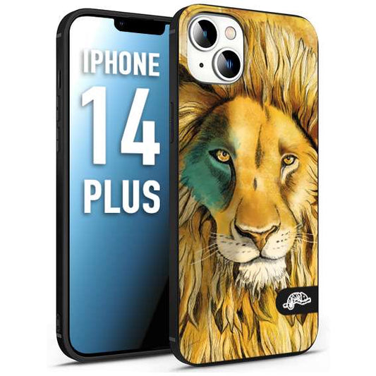 CUSTOMIZZA - Custodia cover nera morbida in tpu compatibile per iPhone 14 PLUS leone lion disegnato a mano giallo blu a rilievo artistico brown