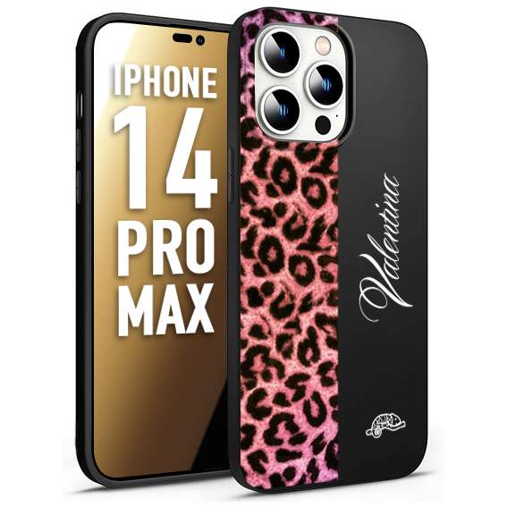 CUSTOMIZZA - Custodia cover nera morbida in tpu compatibile per iPhone 14 PRO MAX leopardato rosa fucsia personalizzata nome iniziali