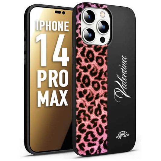 CUSTOMIZZA - Custodia cover nera morbida in tpu compatibile per iPhone 14 PRO MAX leopardato rosa fucsia personalizzata nome iniziali