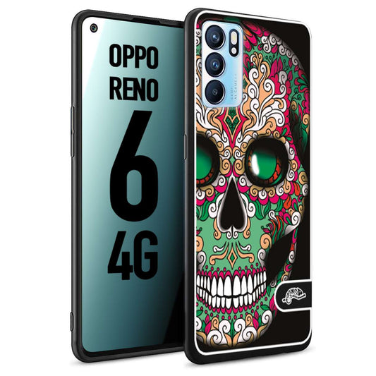 CUSTOMIZZA - Custodia cover nera morbida in tpu compatibile per Oppo Reno 6 4G teschio messicano Mexican skull verde fucsia