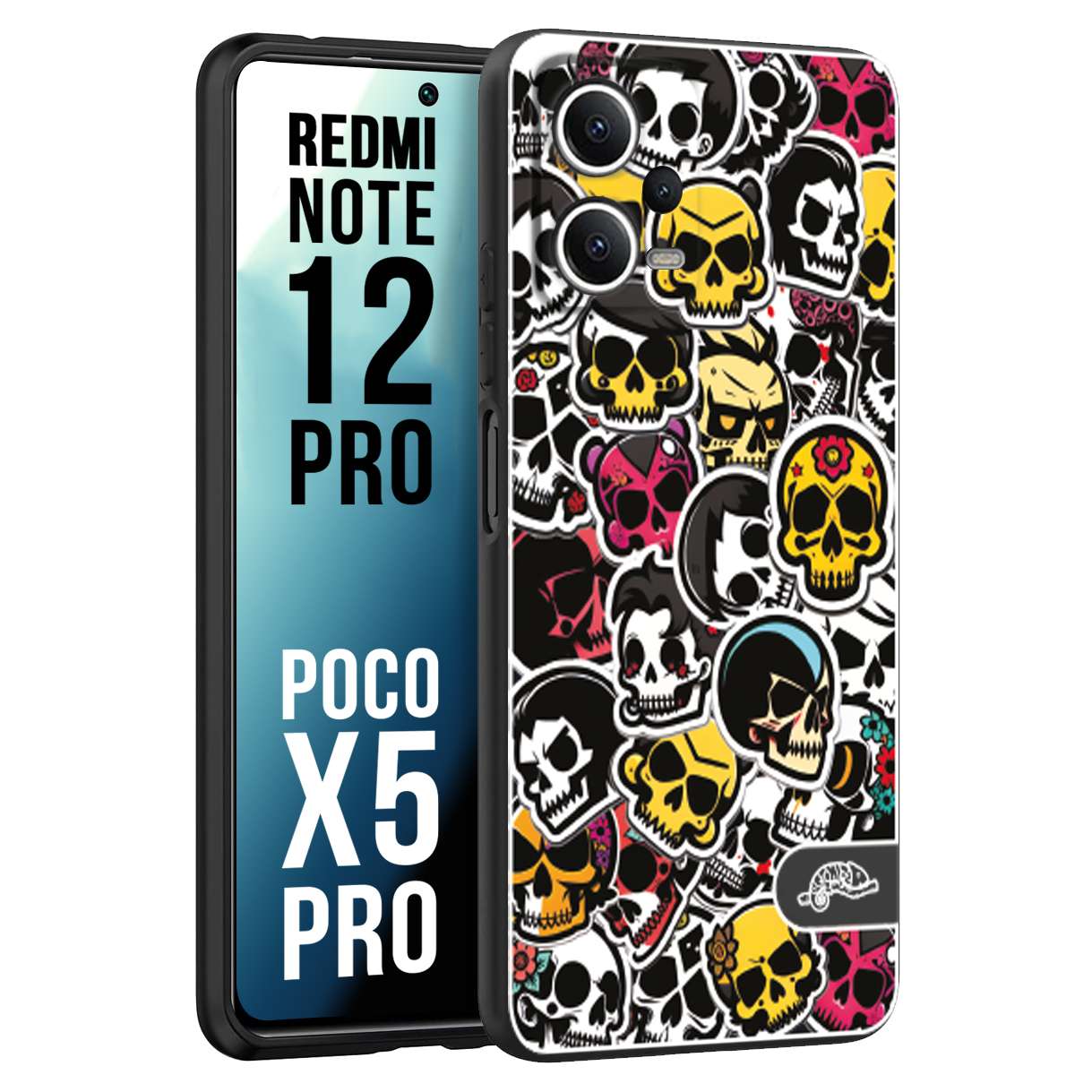 CUSTOMIZZA - Custodia cover nera morbida in tpu compatibile per Xiaomi Redmi Note 12 PRO - POCO X5 PRO sticker bomb teschi colorati adesivi skulls skater snowboard