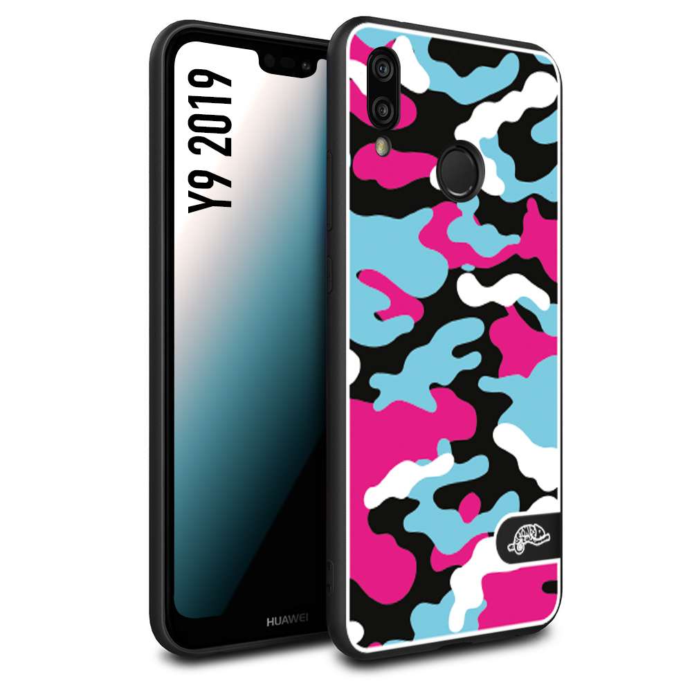 CUSTOMIZZA - Custodia cover nera morbida in tpu compatibile per Huawei Y9 2019 camouflage mimetico militare fucsia celeste