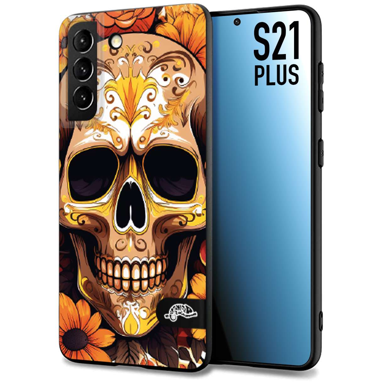 CUSTOMIZZA - Custodia cover nera morbida in tpu compatibile per Samsung S21 PLUS teschio messicano colorato dorato fiori tattoo disegnato