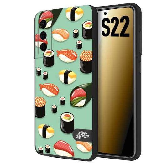 CUSTOMIZZA - Custodia cover nera morbida in tpu compatibile per Samsung S22 sushi disegni giapponese nighiri acquamarina verde