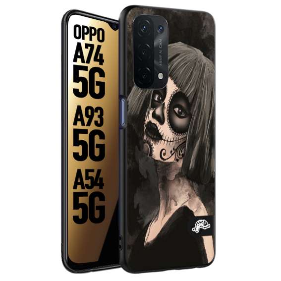 CUSTOMIZZA - Custodia cover nera morbida in tpu compatibile per Oppo A74 5G - A93 5G - A54 5G chicana messicana dea de la muerte donna santa tattoo disegnata