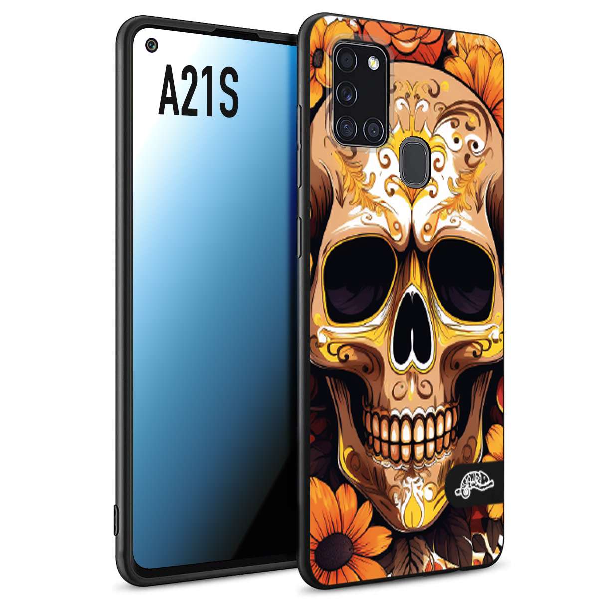 CUSTOMIZZA - Custodia cover nera morbida in tpu compatibile per Samsung A21S teschio messicano colorato dorato fiori tattoo disegnato