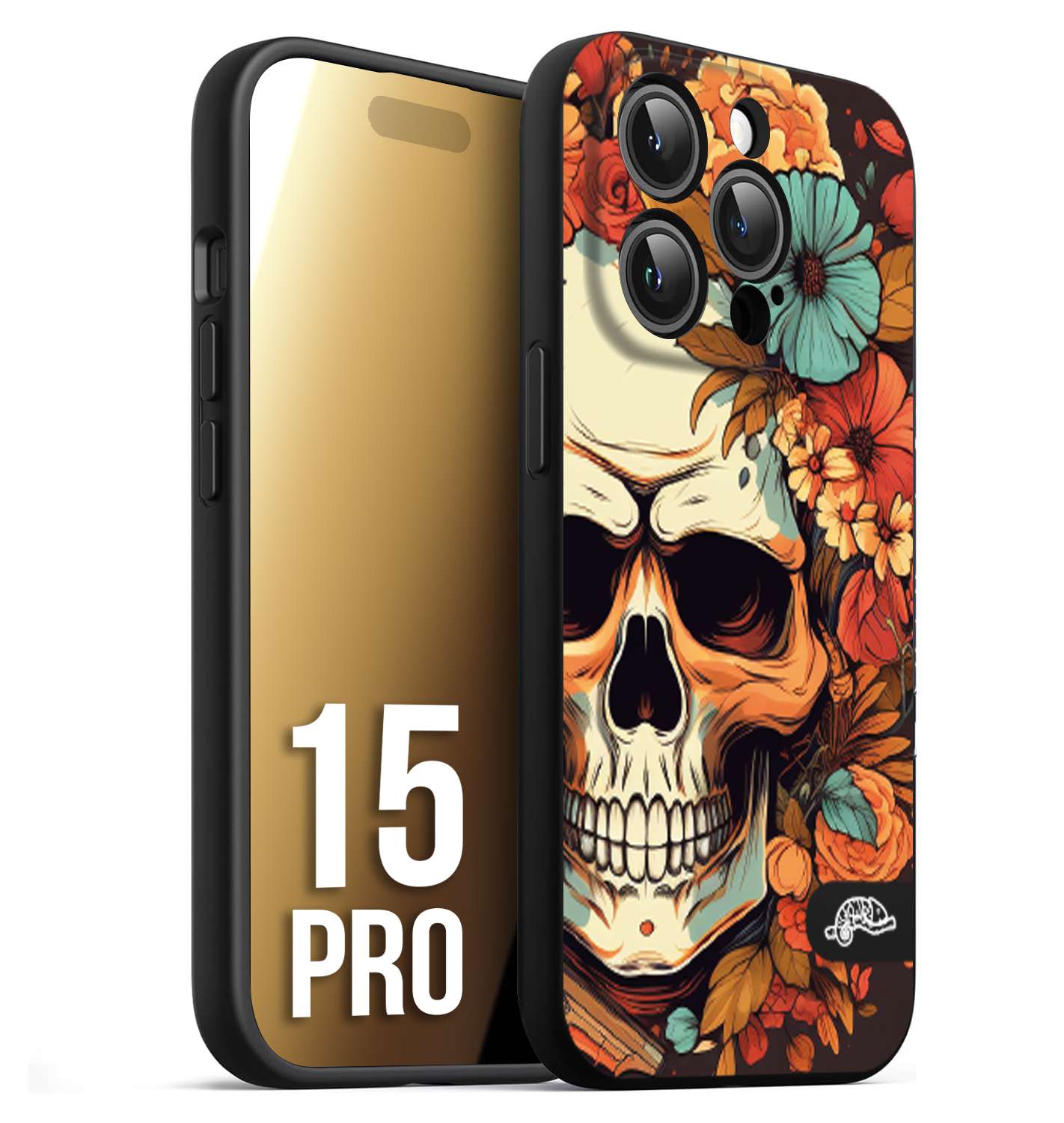 CUSTOMIZZA - Custodia cover nera morbida in tpu compatibile per iPhone 15 PRO teschio skull flowers fiori autunnali arancio celeste tattoo